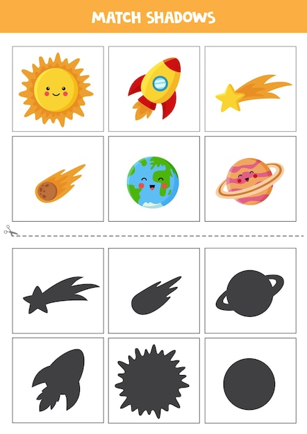 Tarjetas de juego de sombras para niños en edad preescolar. estrellas y planetas kawaii de dibujos animados.