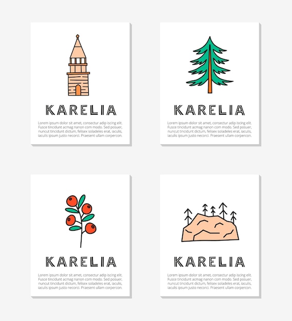 Tarjetas con letras e íconos de Karelia coloreados con garabatos