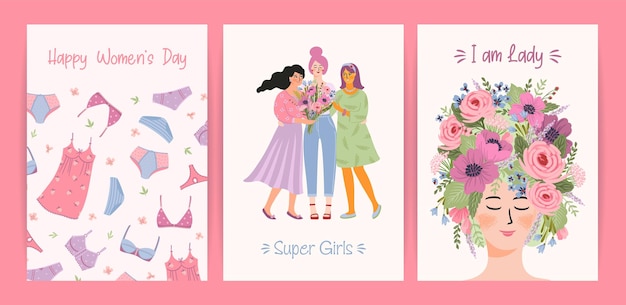 Tarjetas con lindas ilustraciones femeninas conjunto de vectores para el día de la mujer feliz 8 de marzo y otros