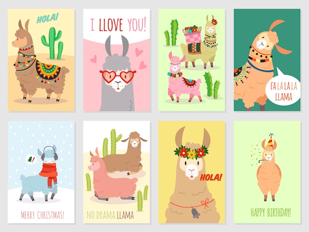 Tarjetas de llama. bebé llamas linda alpaca y cactus llama salvaje. camello peruano, postal