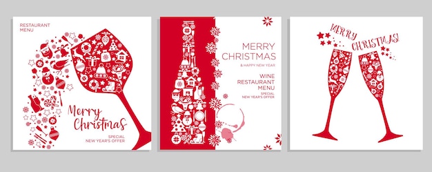 Tarjetas de menú de restaurante de fondo de navidad de vacaciones con copas de botellas de vino icono de año nuevo