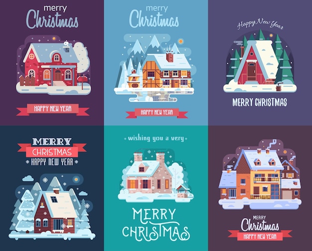 Tarjetas de Navidad con casas de invierno en el bosque y casas en el fondo del campo Postales de felicitación de Navidad con cabañas nevadas y granjas en paisajes rurales en estilo plano y de dibujos animados