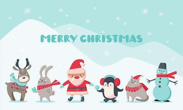 Tarjetas de navidad con lindos animales y santa claus. personajes reno, muñeco de nieve, papá noel, pingüino, gato, conejo con copos de nieve. vector ilustración plana. diseño para tarjetas de felicitación, banner.