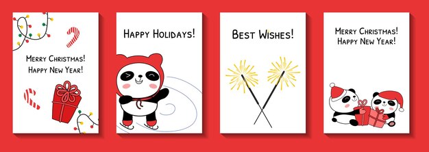 Tarjetas de Navidad con pandas bebé conjunto ilustración vectorial