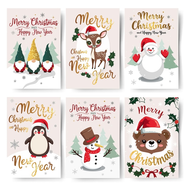 Tarjetas de Navidad con renos pingüino hombre de nieve letras doradas colección de tarjetas de felicitación infantiles