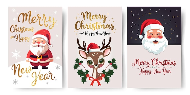 Tarjetas de Navidad con renos, Santa Claus, letras doradas, invitación de año nuevo.