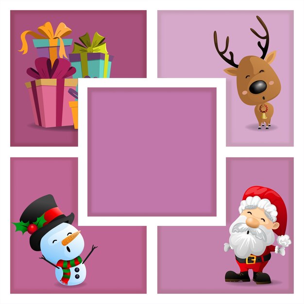 Vector tarjetas de navidad con santa, muñeco de nieve, caja de regalo y renos en marco sobre fondo rosa. ilustración