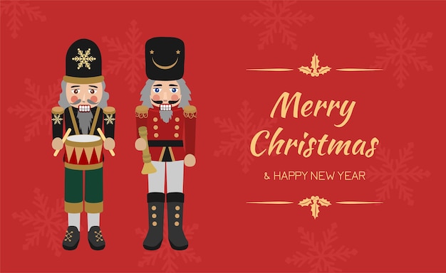 Tarjetas navideñas corporativas tradicionales con soldado de juguete cascanueces de Navidad Feliz Navidad y Feliz Año Nuevo