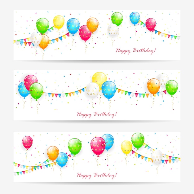 Tarjetas navideñas con globos de colores serpentinas banderines y confeti Ilustración de pancartas de cumpleaños