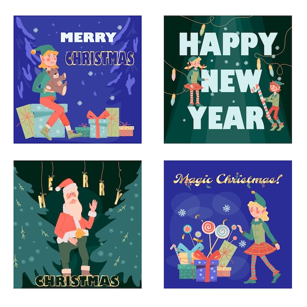 Tarjetas navideñas o pancartas con duendes navideños felices y vectores planos de Santa