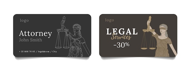 Vector tarjetas de negocios para bufete de abogados o abogado con ilustración de la diosa ciega de la justicia femida