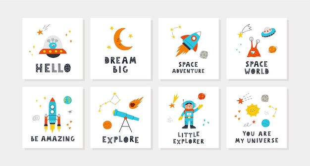 Tarjetas para niños con lindo espacio y con letras. Cohete, planetas, estrellas, niño, telescopio, sol, extraterrestres. Perfecto para carteles de guardería. Vector ilustraciones dibujadas a mano.