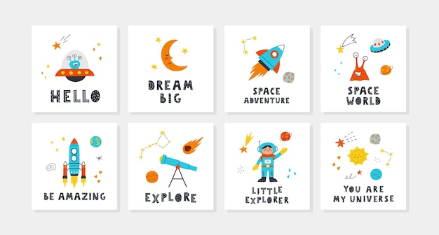 Tarjetas para niños con lindo espacio y con letras. cohete, planetas, estrellas, niño, telescopio, sol, extraterrestres. perfecto para carteles de guardería. vector ilustraciones dibujadas a mano.