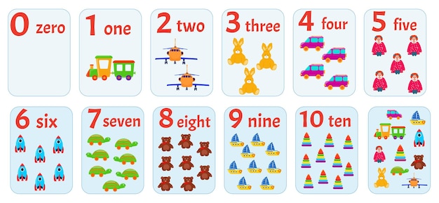 Tarjetas con números para imprimir con juguetes infantiles. Subsidio por hijos, cuenta del 1 al 10