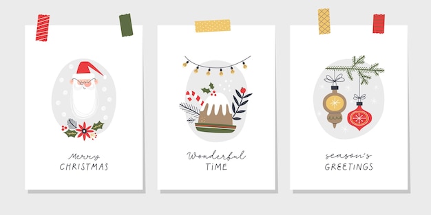 Tarjetas o etiquetas de felicitación navideñas con letras y elementos de diseño dibujados a mano