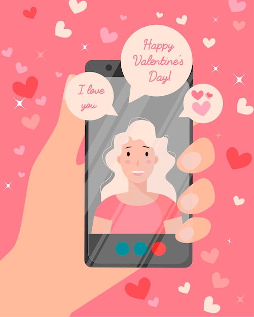 Tarjetas online de feliz san valentín. chica enamorada hablando por teléfono.