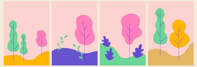 Tarjetas de paisaje con árboles en minimalismo, estilo plano, fondos.