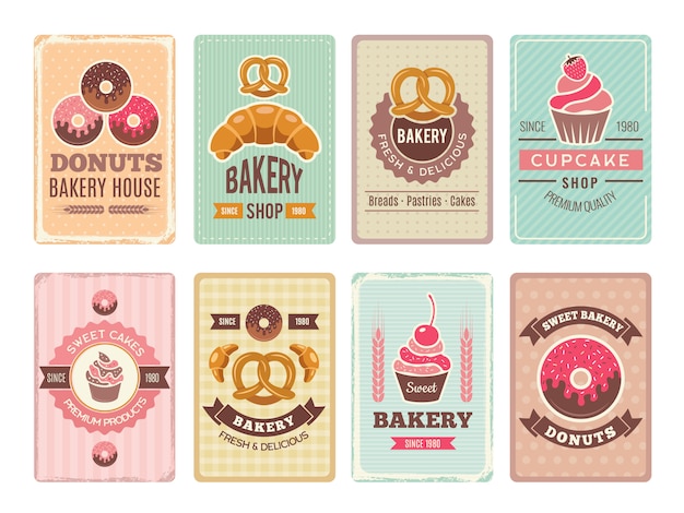 Vector tarjetas de panadería. dulces dulces cupcakes donas y otros productos para hornear ilustraciones para menú vintage en estilo retro