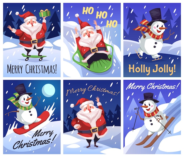 Tarjetas de Papá Noel Xmas personajes divertidos carteles lindas inscripciones de felicitación dibujos animados hombre de nieve esquí snowboard y patinaje deportes extremos de invierno vacaciones tarjeta postal ordenado conjunto vectorial