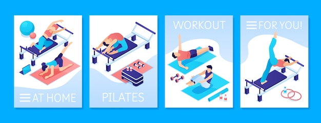 Tarjetas de Pilates en vista isométrica
