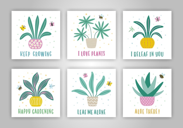 Tarjetas con plantas de colores en las ollas Colección de flores para el hogar Citas de letras