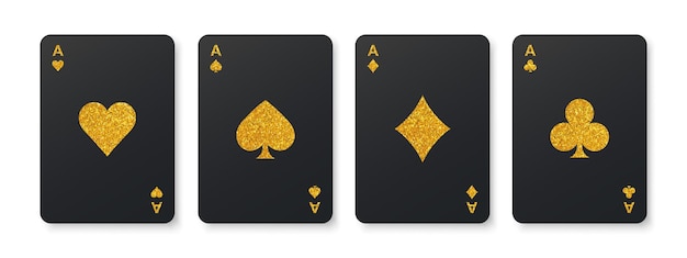Tarjetas de póquer negras con símbolos de brillo dorado cuatro ases de oro cartas de juego juego de casino