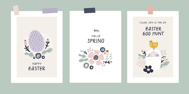 Vector tarjetas postales de pascua con flores dibujadas a mano, pájaros y otros elementos de primavera