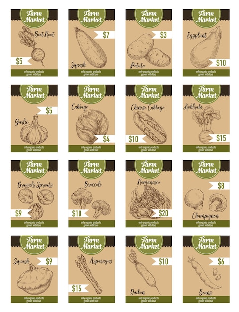 Tarjetas de precio de dibujo vectorial granja verduras orgánicas