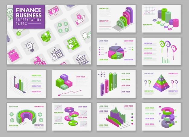 Tarjetas de presentación de infografía isométrica. tarjetas de presentación con elementos isométricos aislados para la construcción de infografías. tablas de presentación y gráficos sobre temas financieros.