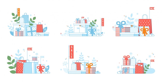 Vector tarjetas de publicidad de ventas de navidad en plano