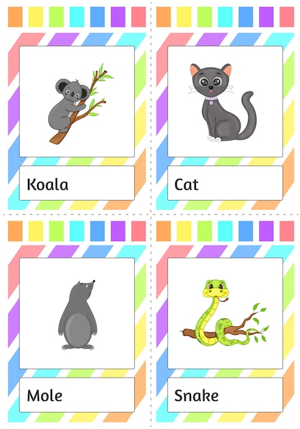 Tarjetas para que los niños estudien animales. Estilo de dibujos animados. Ilustración vectorial.