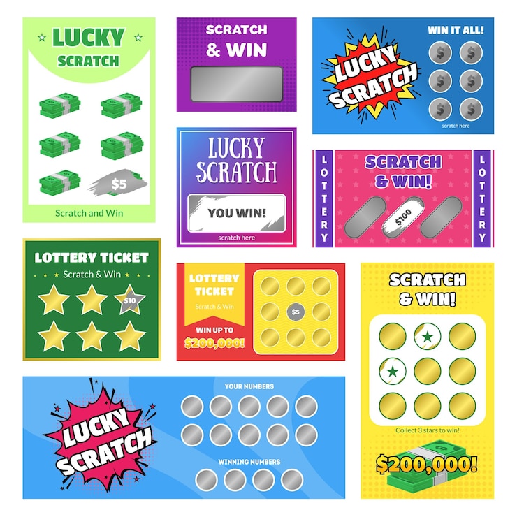 Vector tarjetas de rascar de dibujos animados y boletos de lotería diferentes tipos de juego concepto de ganancia elemento de diseño plano estilo ilustración vectorial de la tarjeta