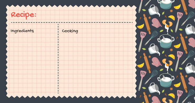 Vector tarjetas de recetas diseño de páginas en blanco de libros de cocina con iconos y elementos de alimentos