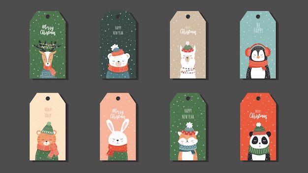 Tarjetas de regalo de Navidad con lindos bebés animales con los ojos cerrados Decoración de regalo de Año Nuevo Vector