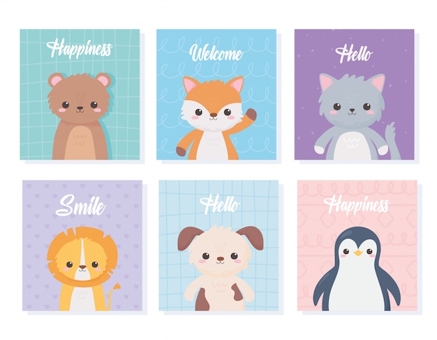 Tarjetas de retrato de animales de dibujos animados lindo con oso gato león perro pingüino ilustración vectorial