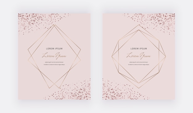 Tarjetas rosas con marcos de líneas poligonales y confeti de oro rosa.