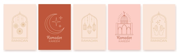 Tarjetas de saludos árabes con mezquita Ramadan Kareem diseño de impresión Invitación o portada gráfica con elementos musulmanes racy vector Islam conjunto
