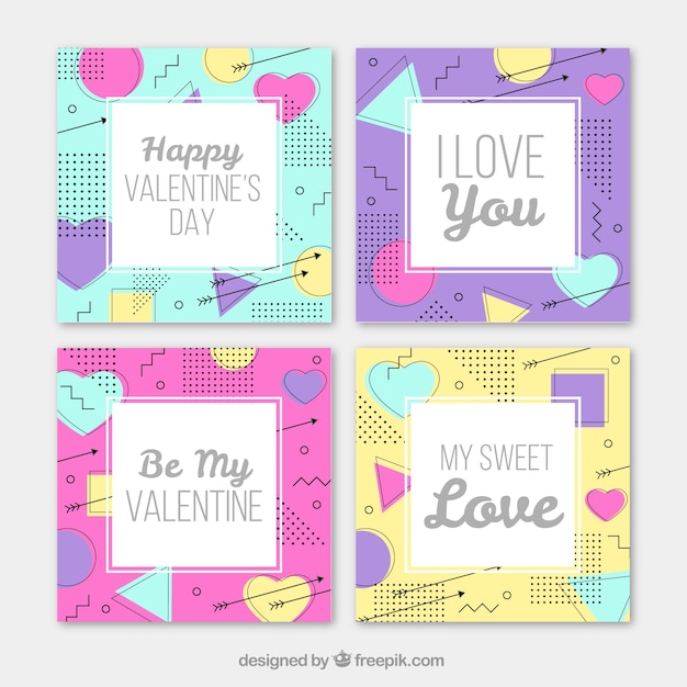 Tarjetas de san valentín en estilo memphis con mensajes