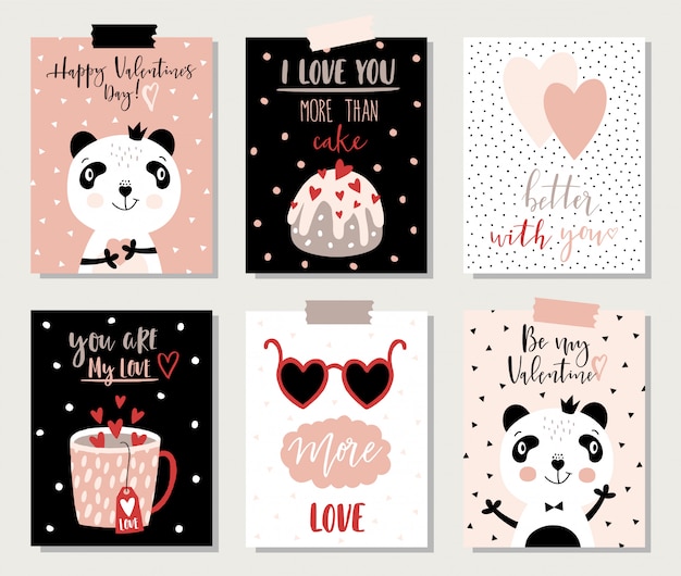 Tarjetas de san valentín con panda y letras.