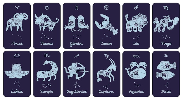 Tarjetas de signos del zodiaco Símbolos astrológicos Animales del zodiaco con siluetas estampadas florales Iconos de constelaciones con adorno floral detallado Conjunto de carteles de horóscopo decorativo vectorial