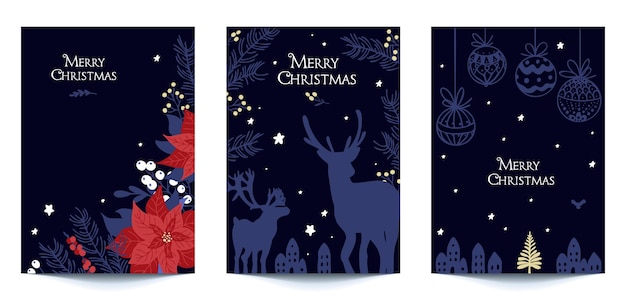Tarjetas tradicionales de vacaciones corporativas con árboles de Navidad, renos y pájaros