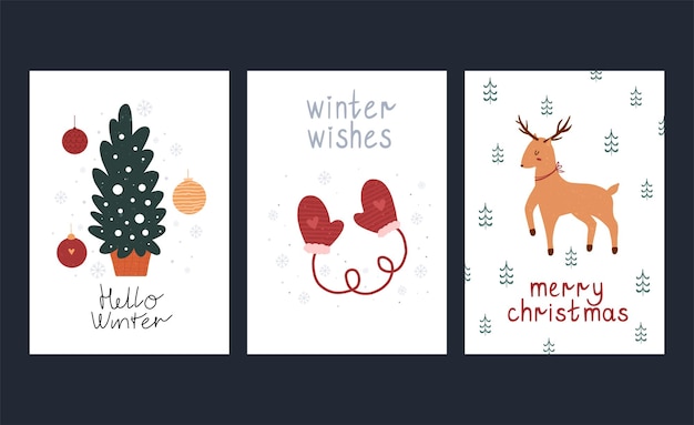 Tarjetas de vacaciones de invierno dibujadas a mano Tarjetas de Navidad feliz con letras mitones renos