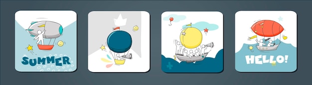 Tarjetas de vector de verano con globos de aire caliente