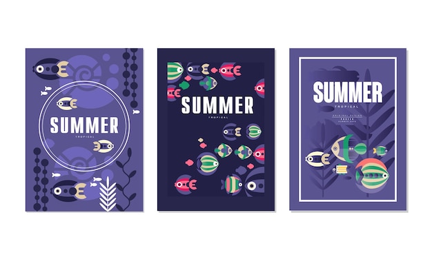 Tarjetas de verano Set Tiempo de verano Banner plantillas de póster con bonitos peces tropicales Mundo submarino Ilustración vectorial de concepto