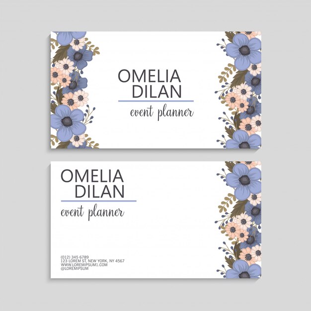 Tarjetas de visita de flores azul claro
