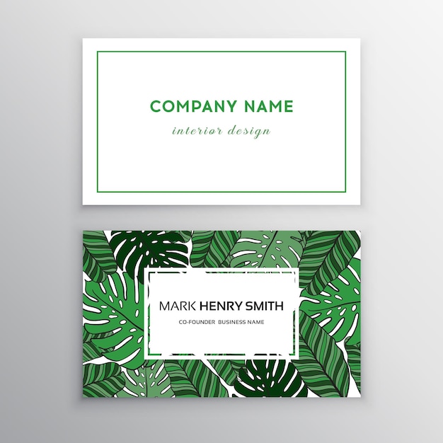 Tarjetas de visita de oro y diseño colorido hoja tropical ilustración vectorial plantillas de identidad corporativa en estilo tropical