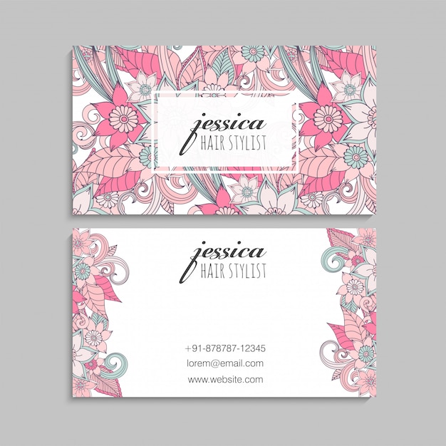 Tarjetas de visita plantilla rosa flores dibujadas a mano