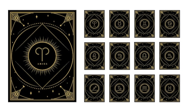 Vector tarjetas del zodiaco con signos tarjetas del horóscopo con estrellas rayos diseño geométrico dibujo decorativo del zodiaco