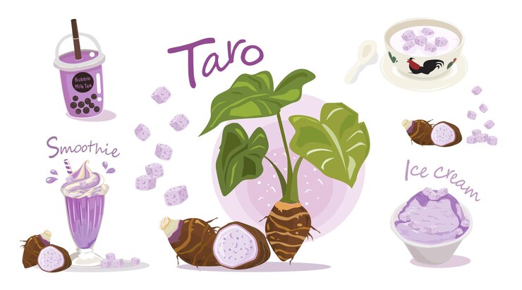 Vector taro delights smoothie de té con burbujas y juego de ilustraciones de helado