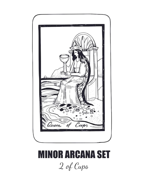 Vector tarot minor arcana vector set reina de copas ilustración dibujada a mano